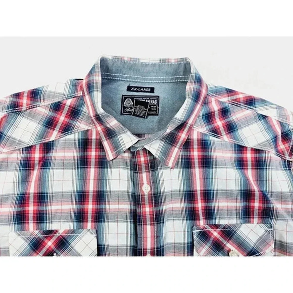 American Rag Size 2XL Men's Red White Blue Check Long Sleeve Cotton Shirt - Picture 5 of 10